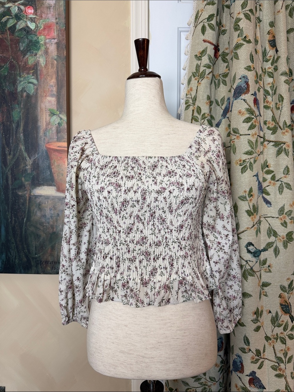 Renaissance Faire Peasant Smocked Square-Neck Long Sleeve Top in Floral Print
